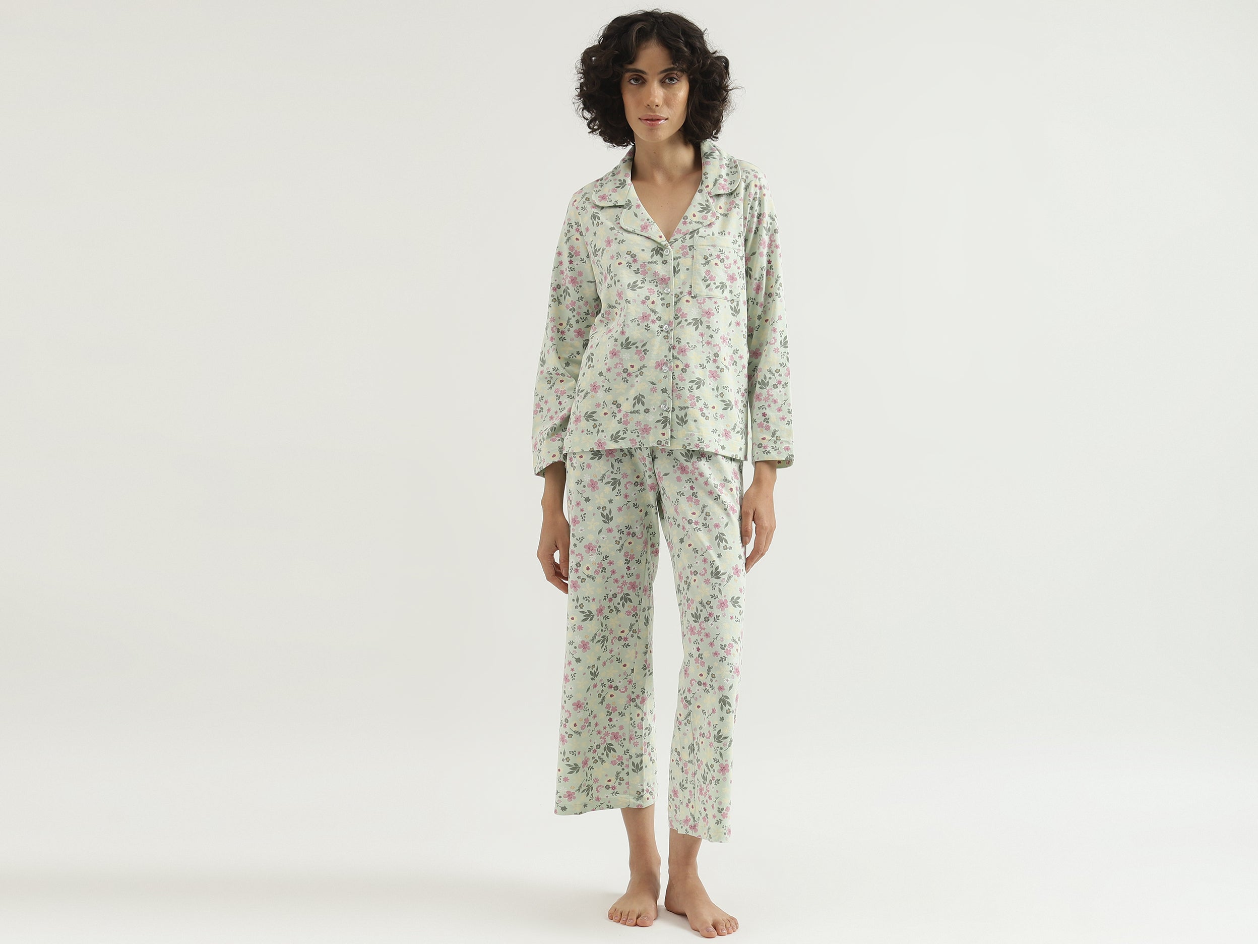 Regular Fit Lapel Collar Floral Print Shirt and Floral Pajama Set
