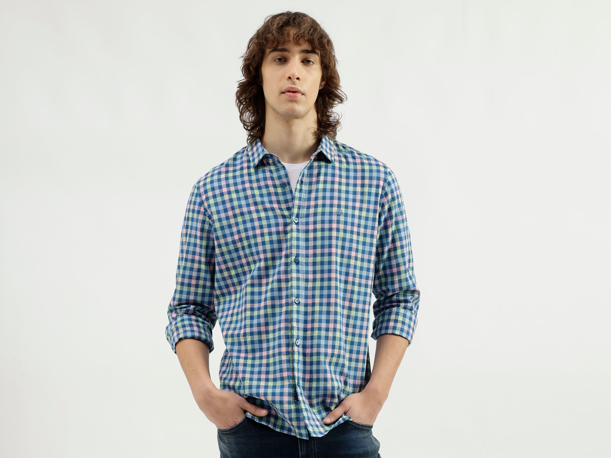 Slim Fit Spread Collar Checkered Shirt