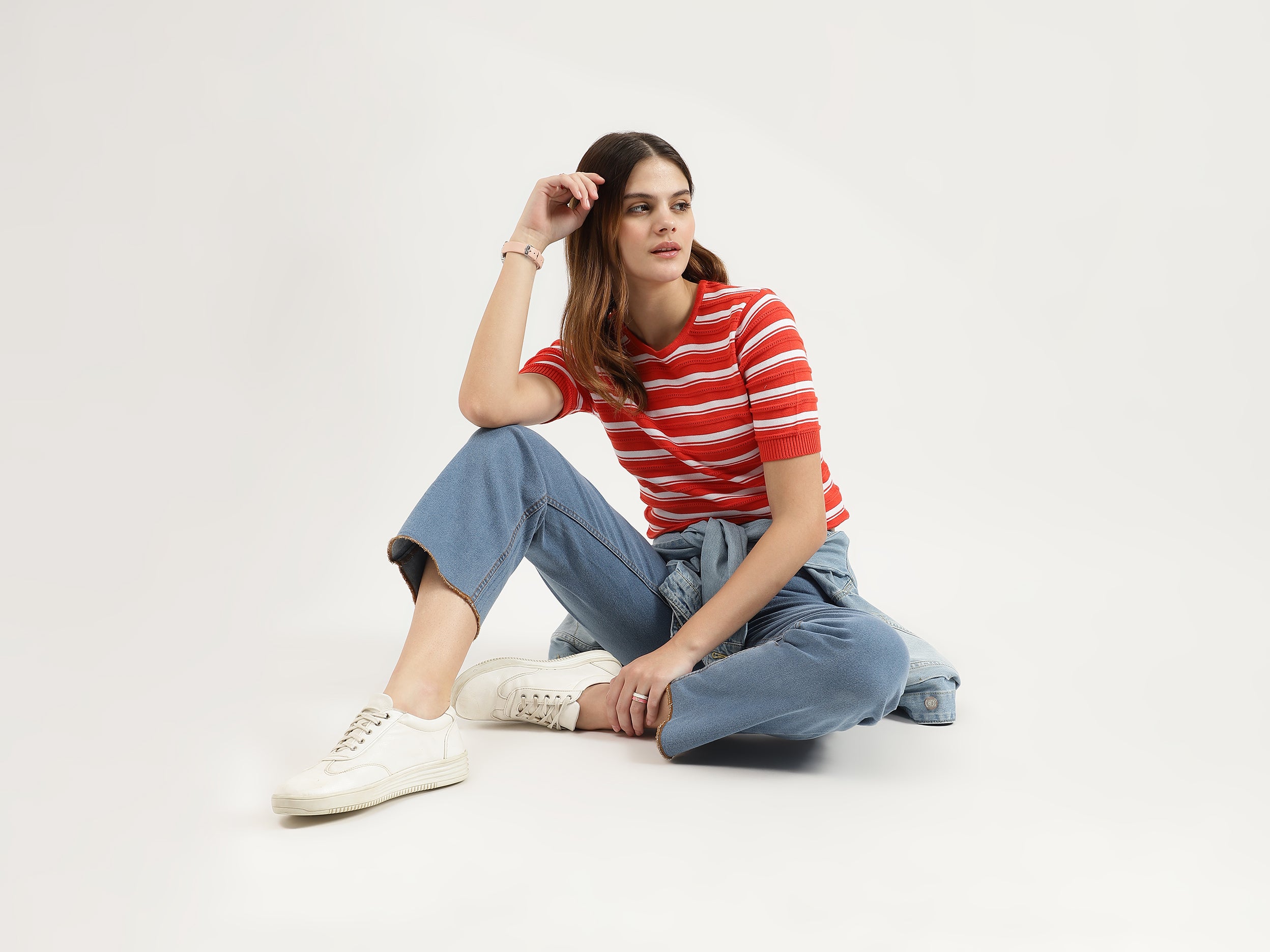 Regular Fit Round Neck Striped Tops