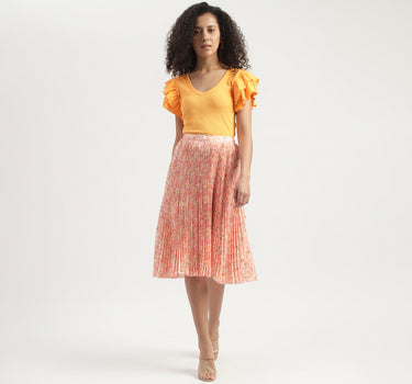 Floral Printed Pleated A-Line Midi Skirt