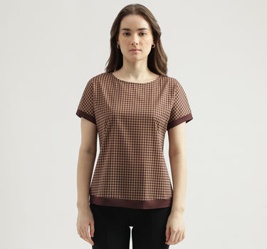 Regular Fit Round Neck Checked Pattern Women's Top