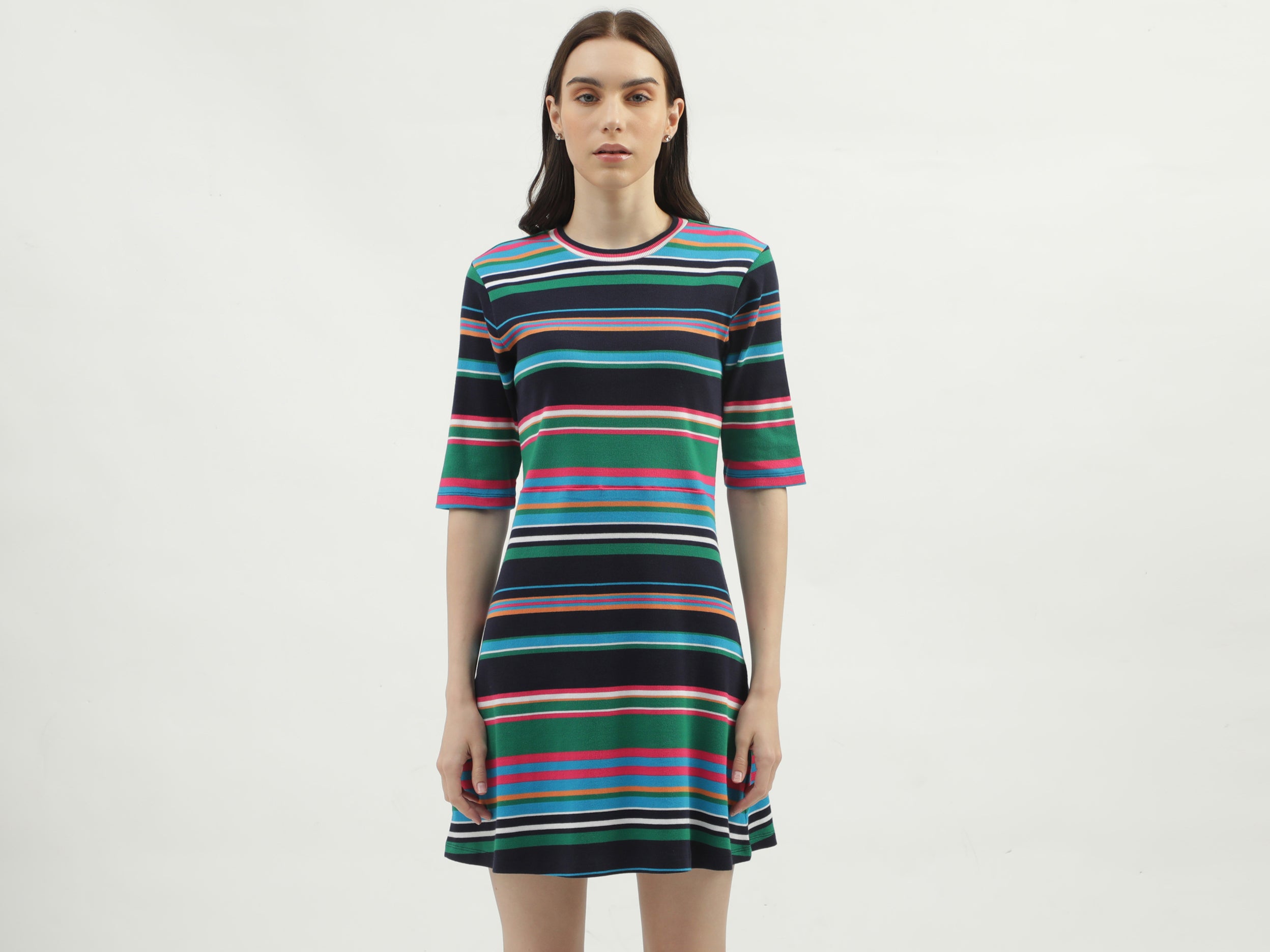 Women's Regular Fit Round Neck Striped Dresses