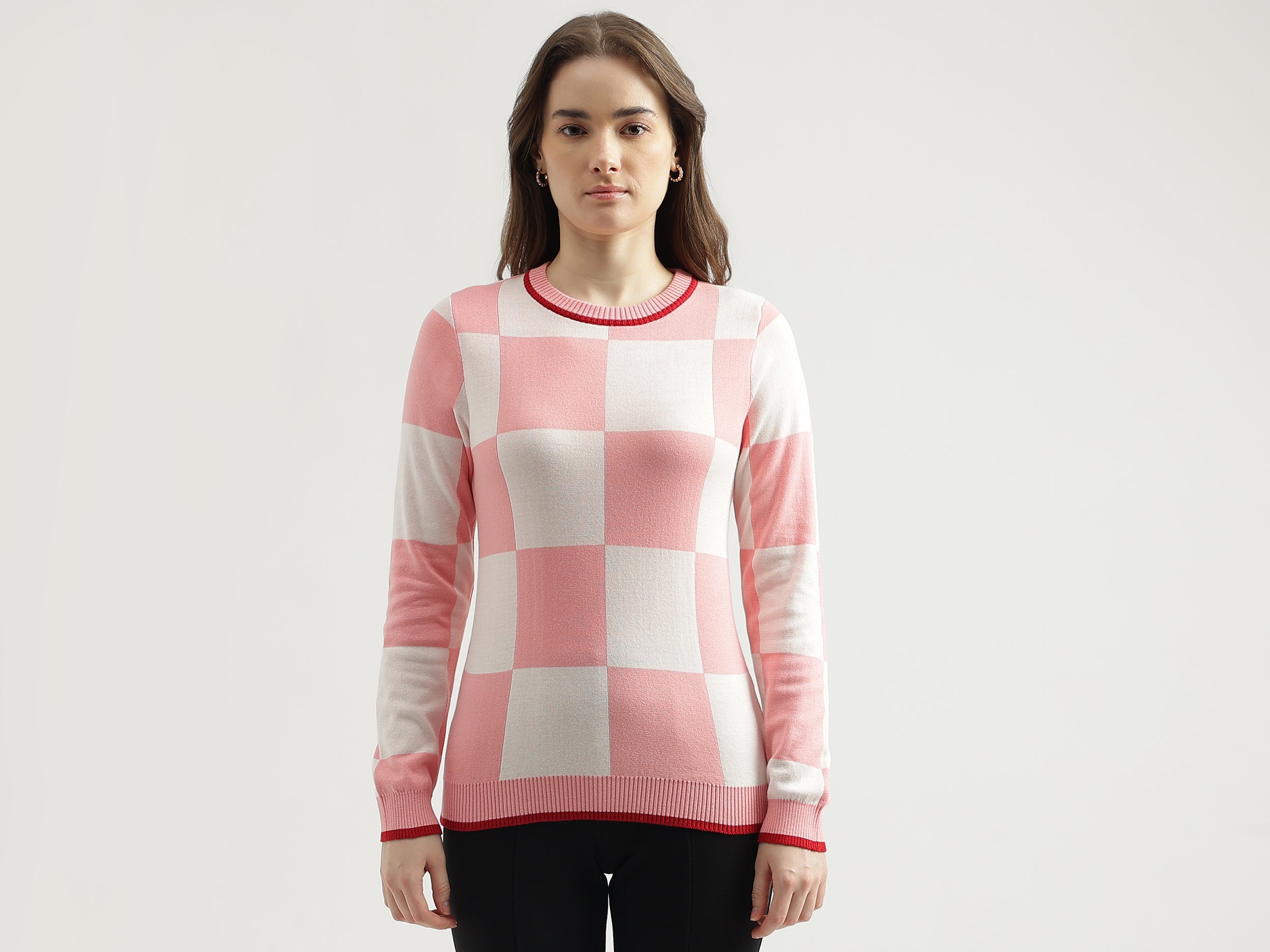 Women's Regular Fit Round Neck Checked Sweater