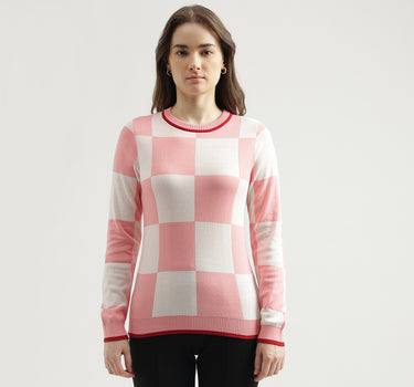 Women's Regular Fit Round Neck Checked Sweater