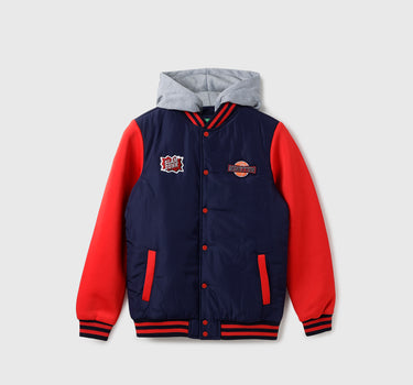 Boy's Regular Fit Varsity Jacket with Detachable Hood