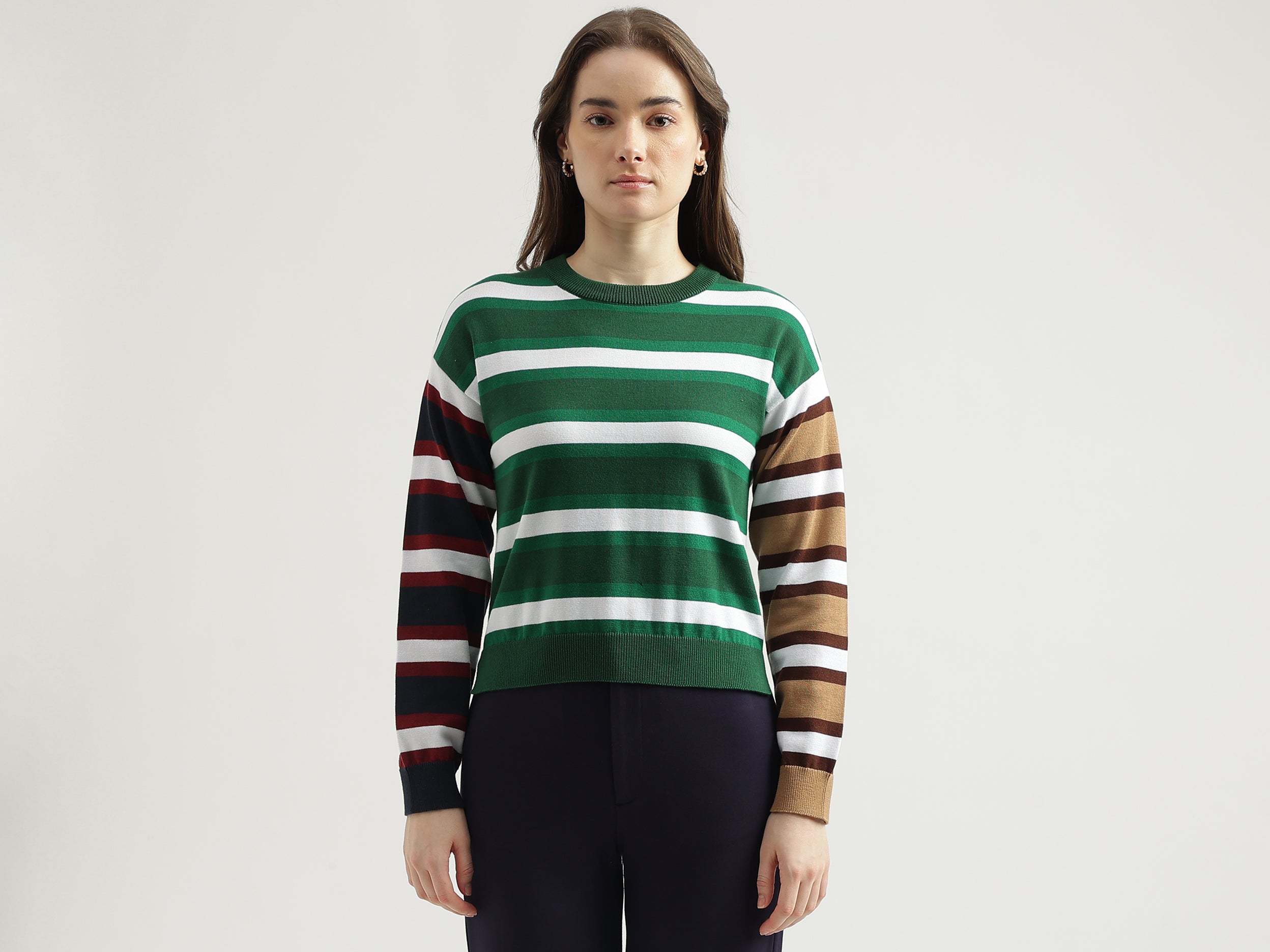 Women's Regular Fit Crew Neck Striped Sweater