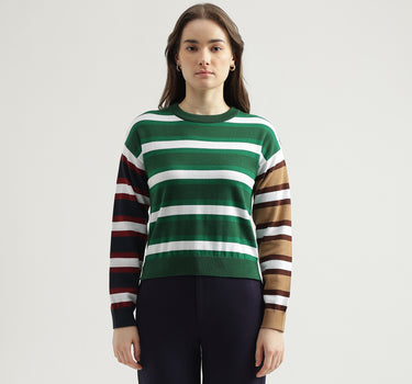 Women's Regular Fit Crew Neck Striped Sweater