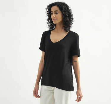 Viscose Solid V-Neck Women T-shirts