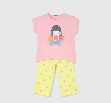 Regular Fit Round Neck Printed T-Shirt with Polka Dot Culottes Set