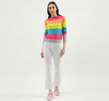 Women's Regular Fit Crew Neck Striped Sweaters