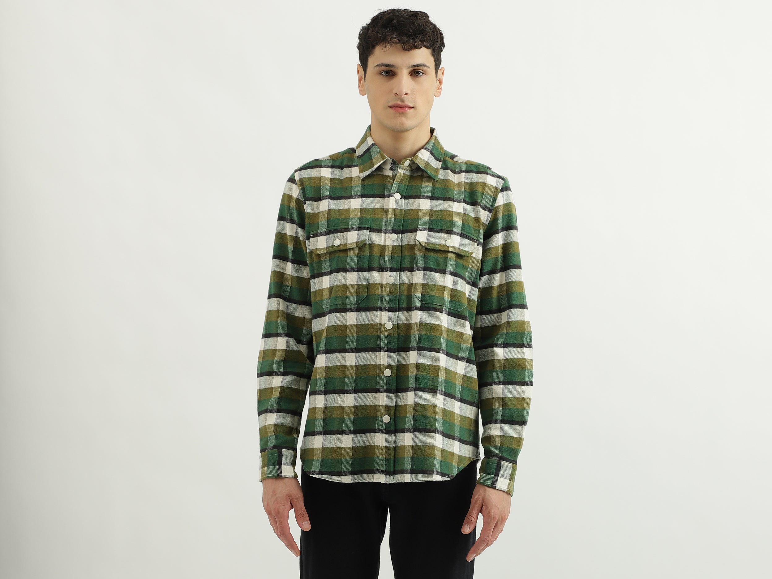 Regular Spread Collar Checkered Shirts