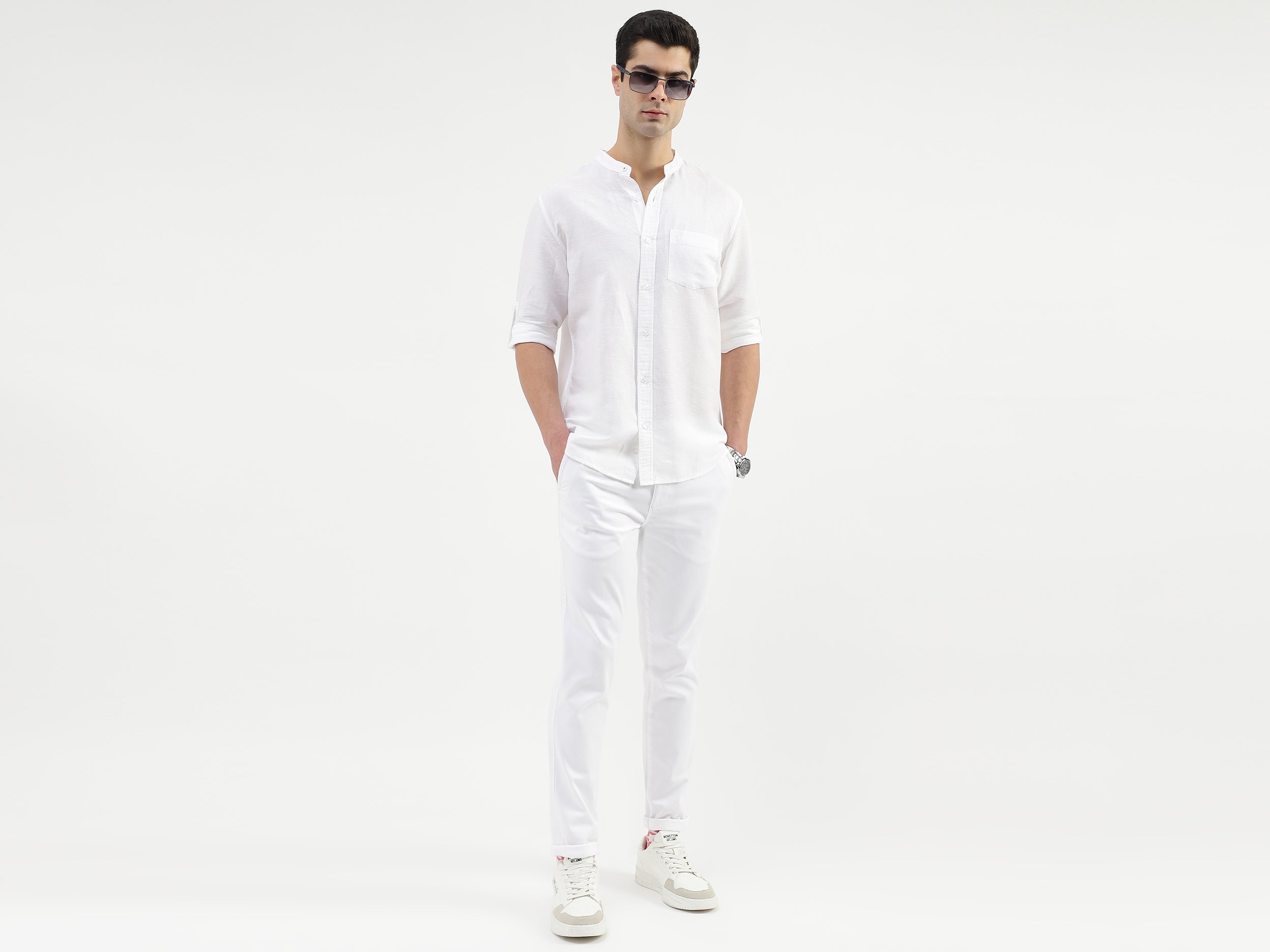 Regular Fit Mandarin Collar Solid Shirts