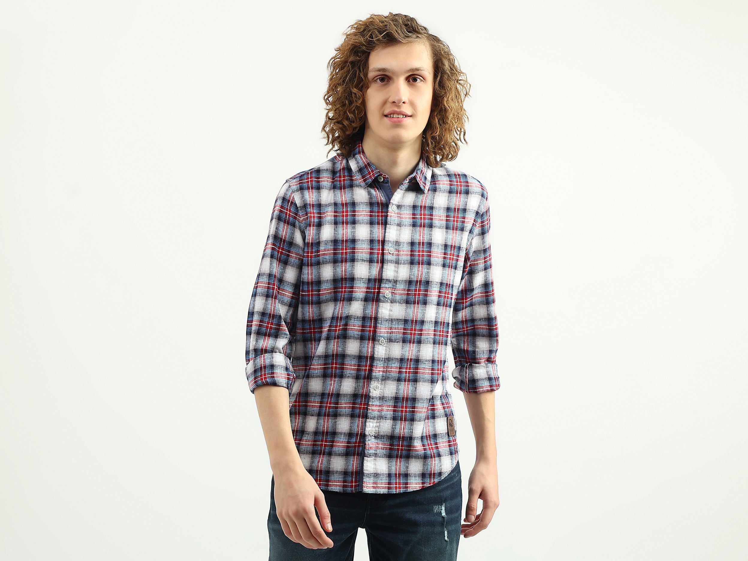 Men Checked Spread Collar Shirt