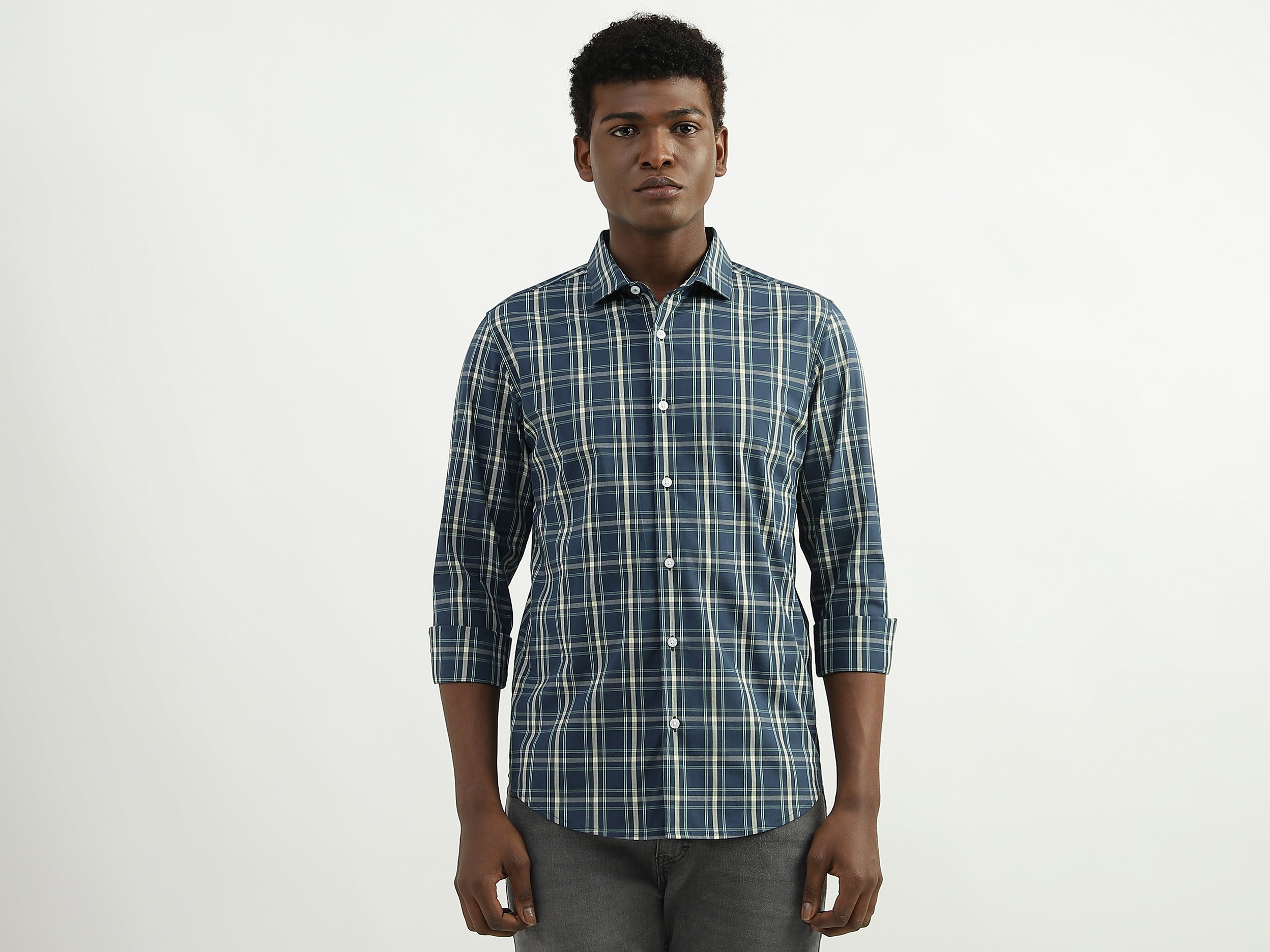 Cotton Checked Cutaway Collar Mens Shirts