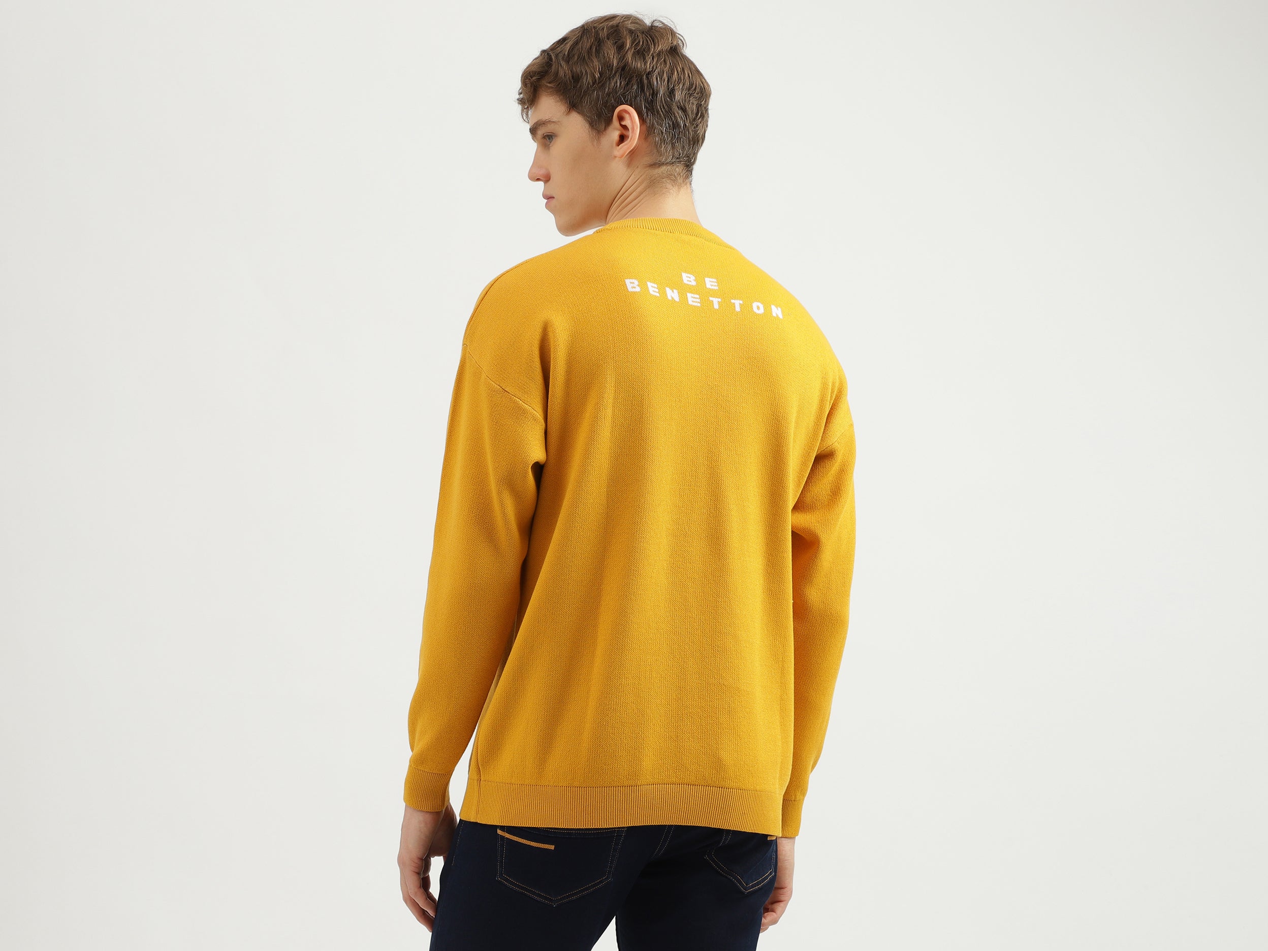 Shop Men's Regular Fit Round Neck Printed Sweater in Yellow