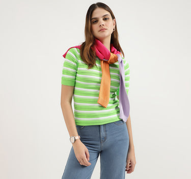 Regular Fit Round Neck Striped Tops