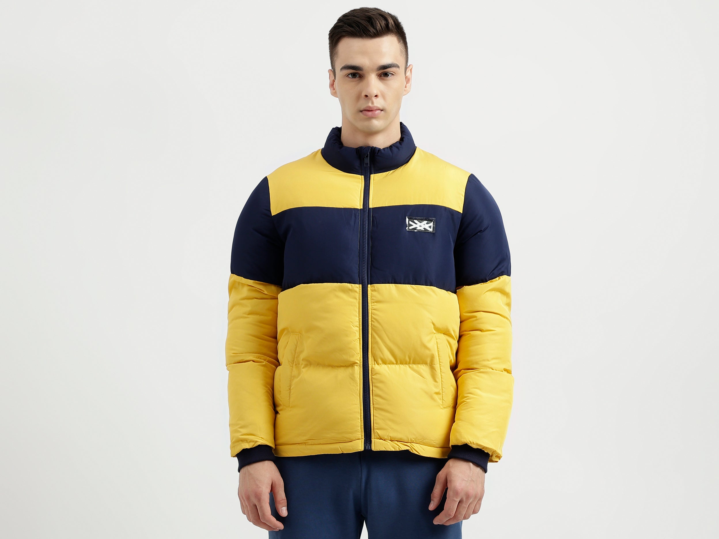 Men's Regular Fit Mock Neck Color Blocked Puffer Jacket