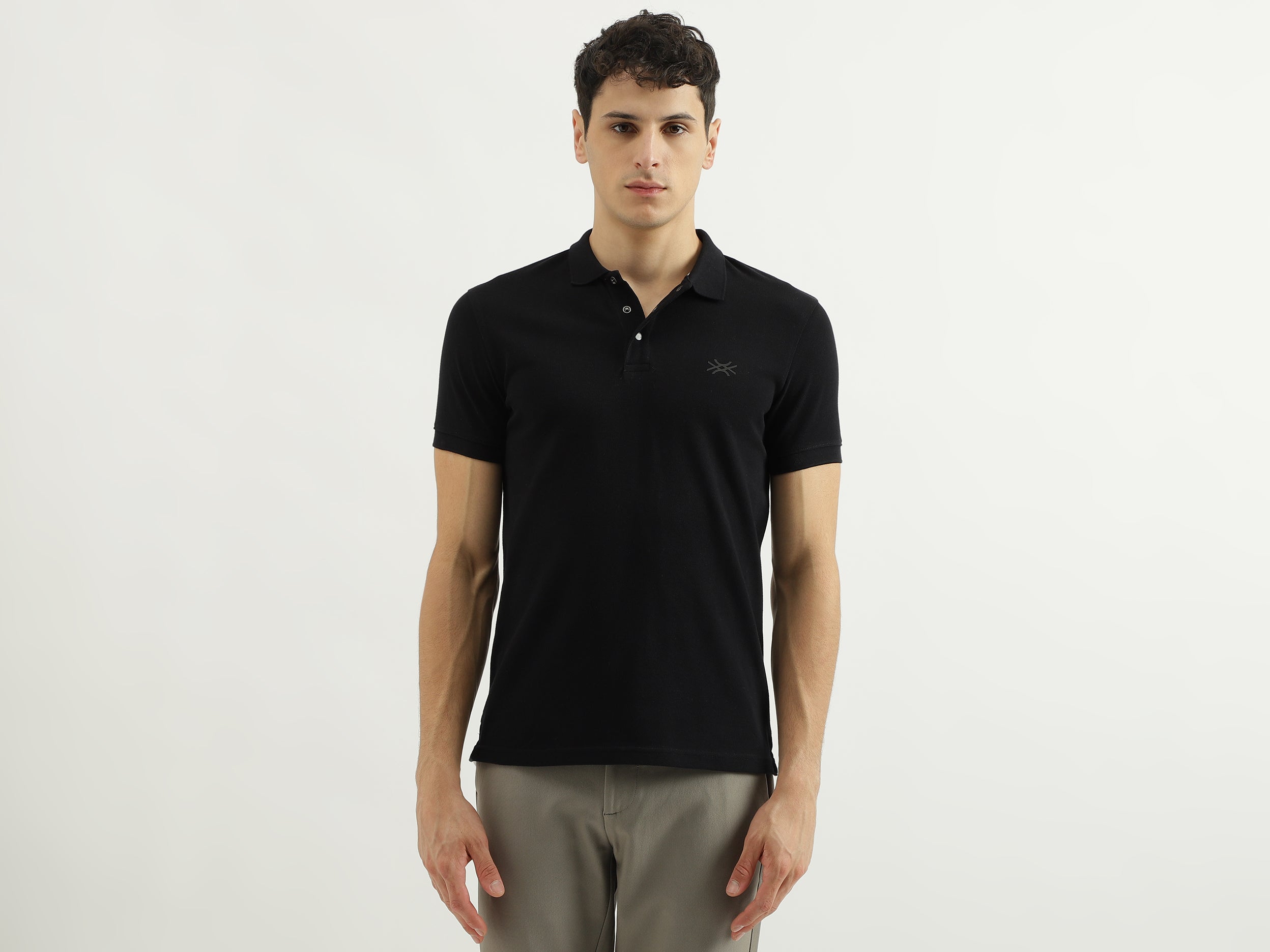 Faux Leather Patch Polo Collar T-Shirt