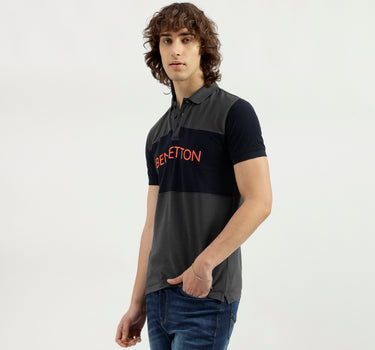 Polo Neck Color Block Pattern T-Shirt