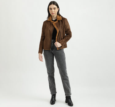 Women's Regular Fit Fur Detail Suede Jacket