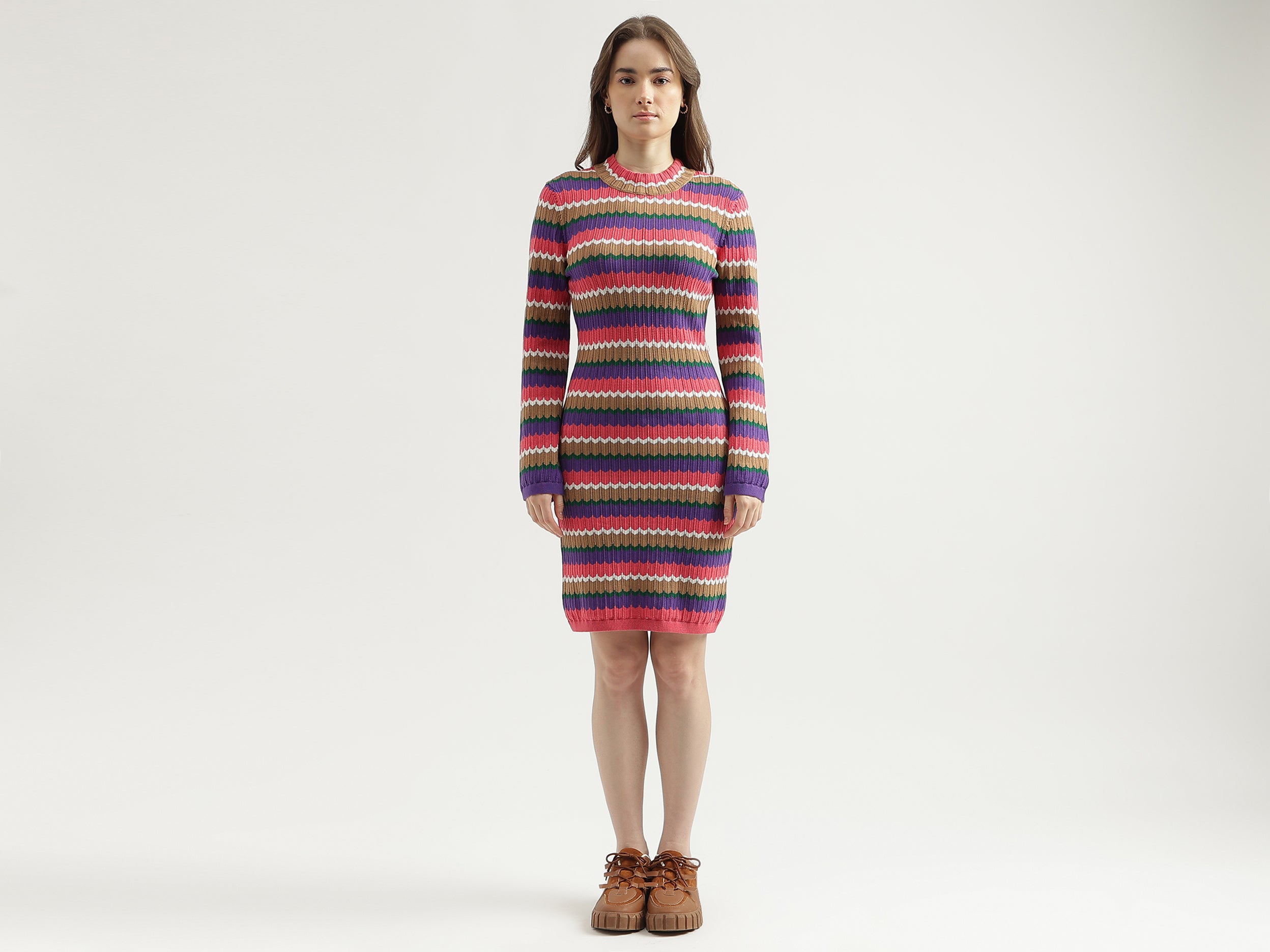 Women's Regular Fit Mock Neck Striped Sweat Dress