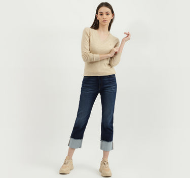 Ribbed Hemline V-Neck Solid Sweater