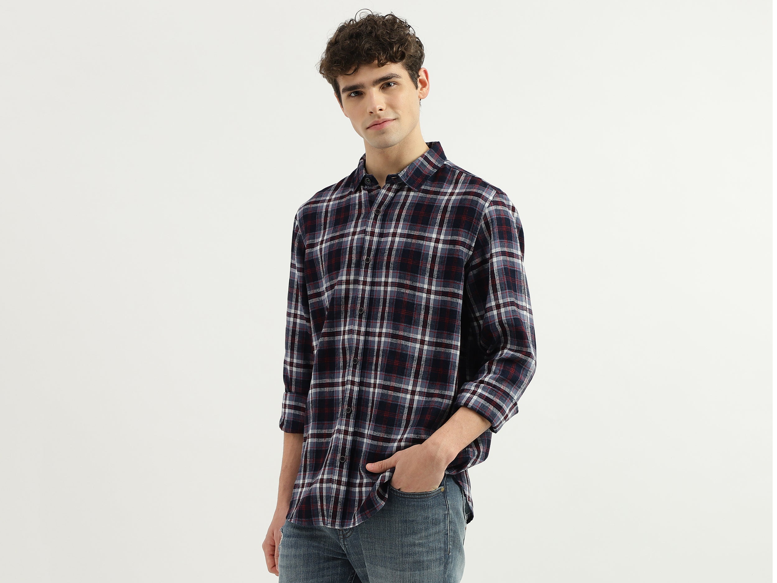 Regular Fit Spread Collar Checkered Shirt