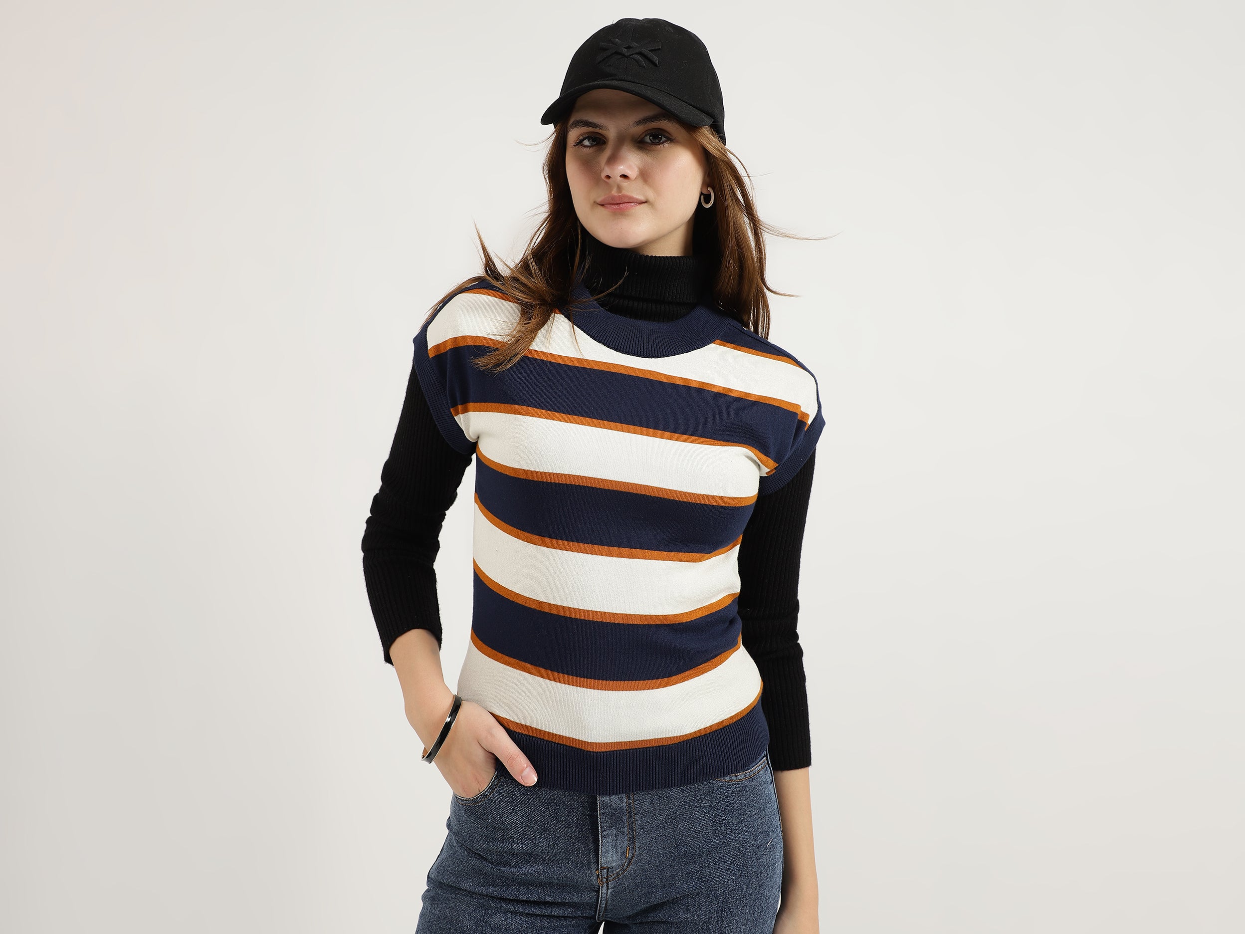 Regular Fit Round Neck Striped Tops