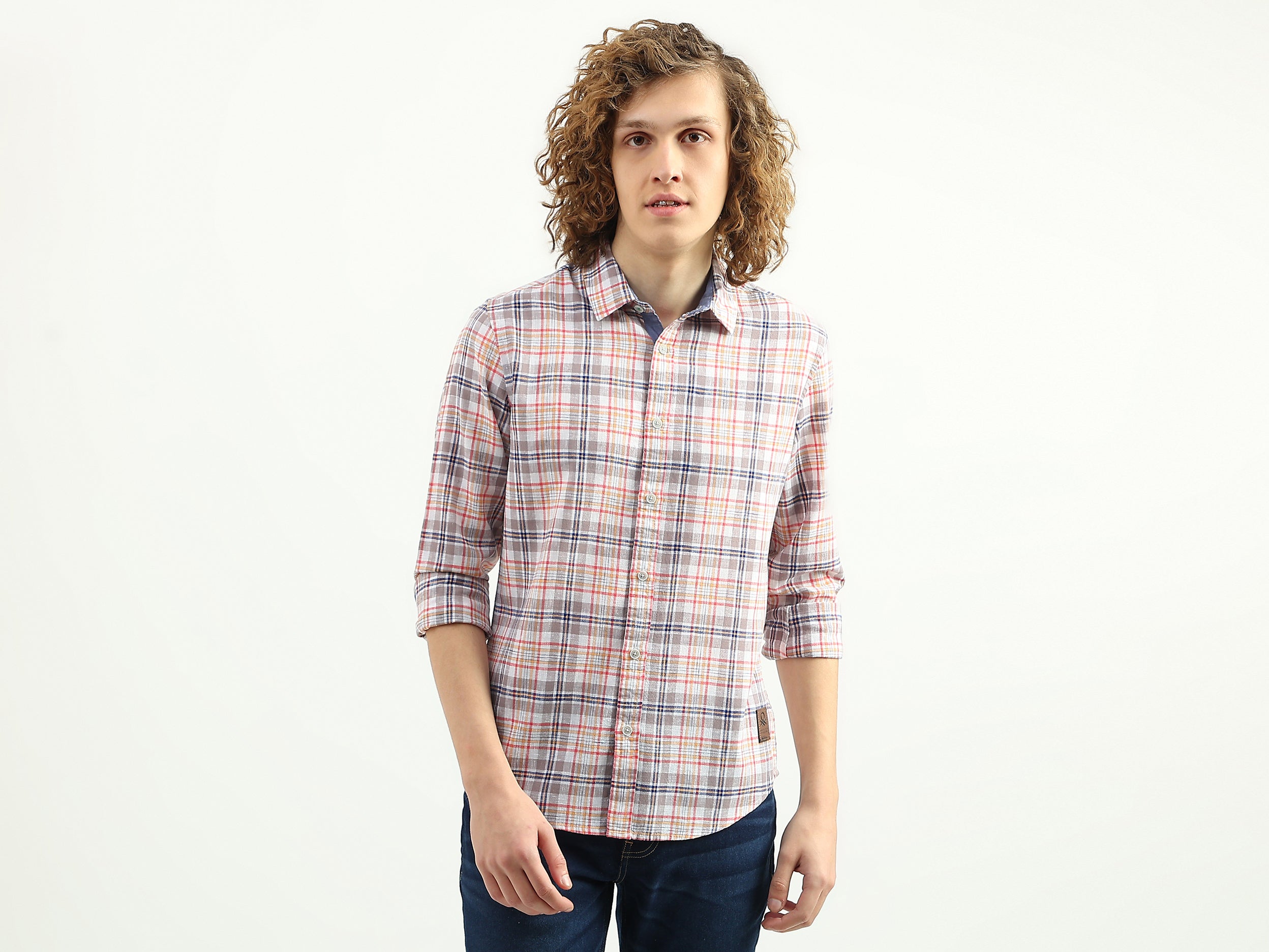 Men Checked Spread Collar Shirt