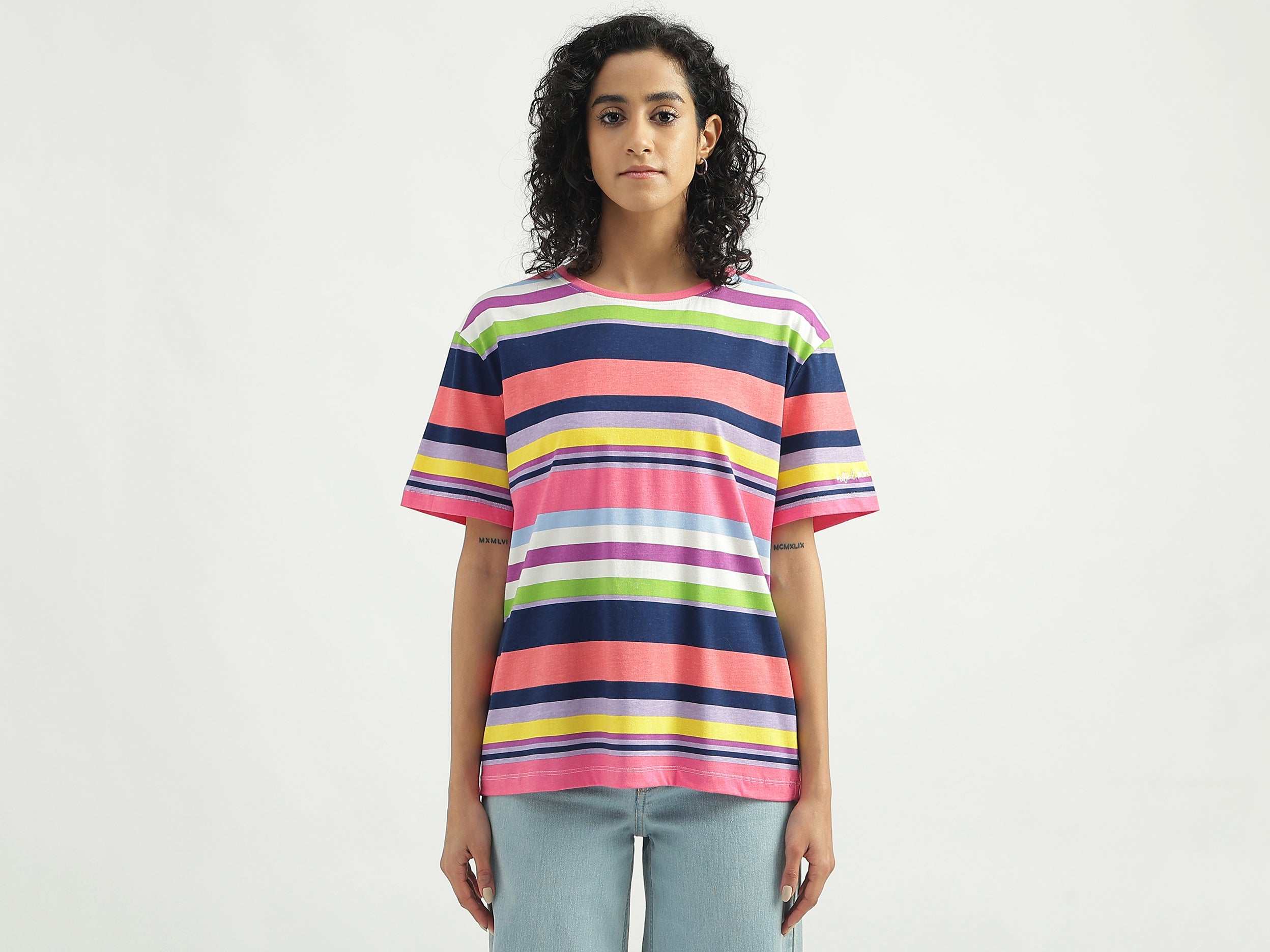 Cotton Striped Round Neck Women T-shirts