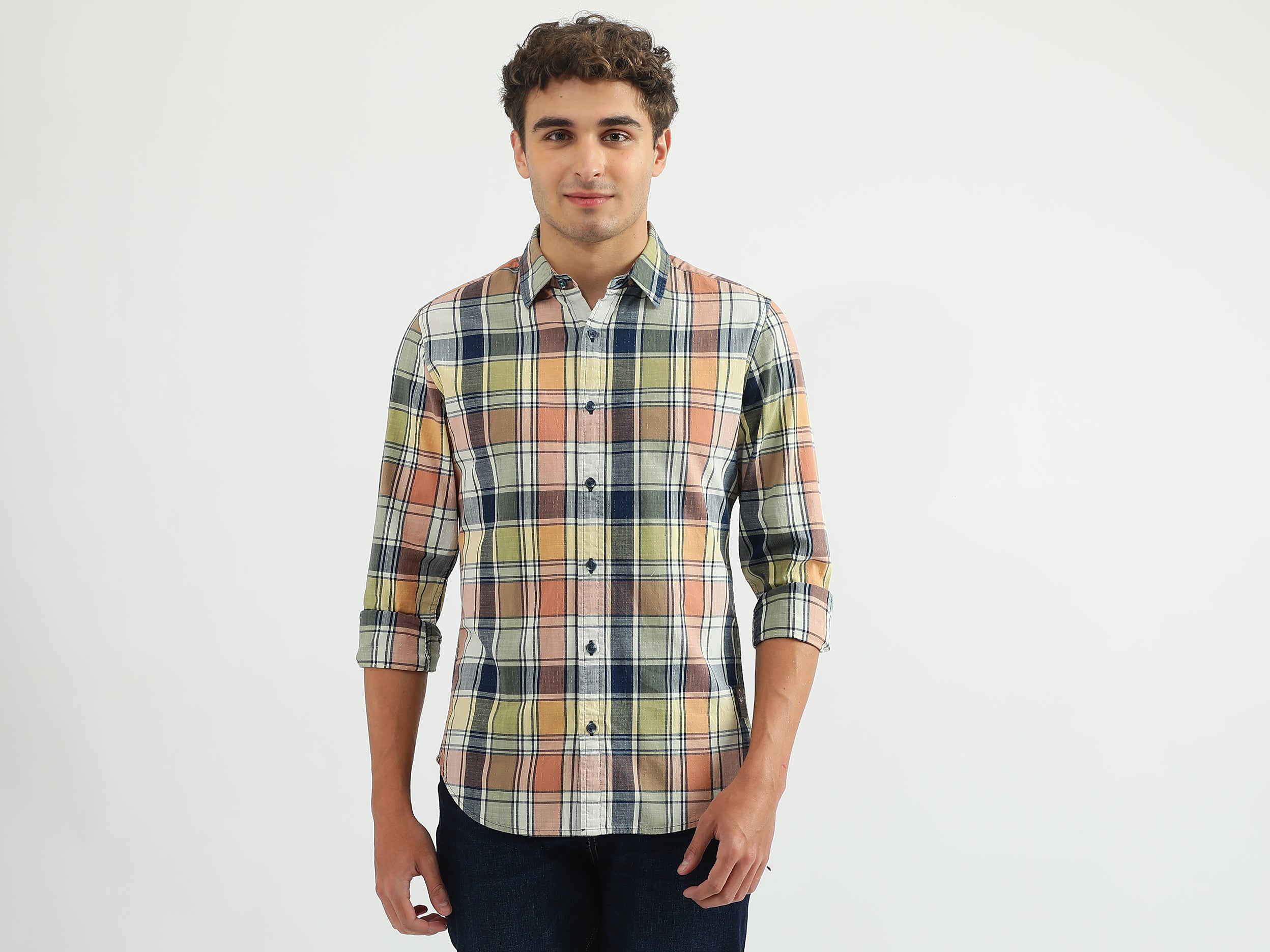 Men Checked Spread Collar Shirt