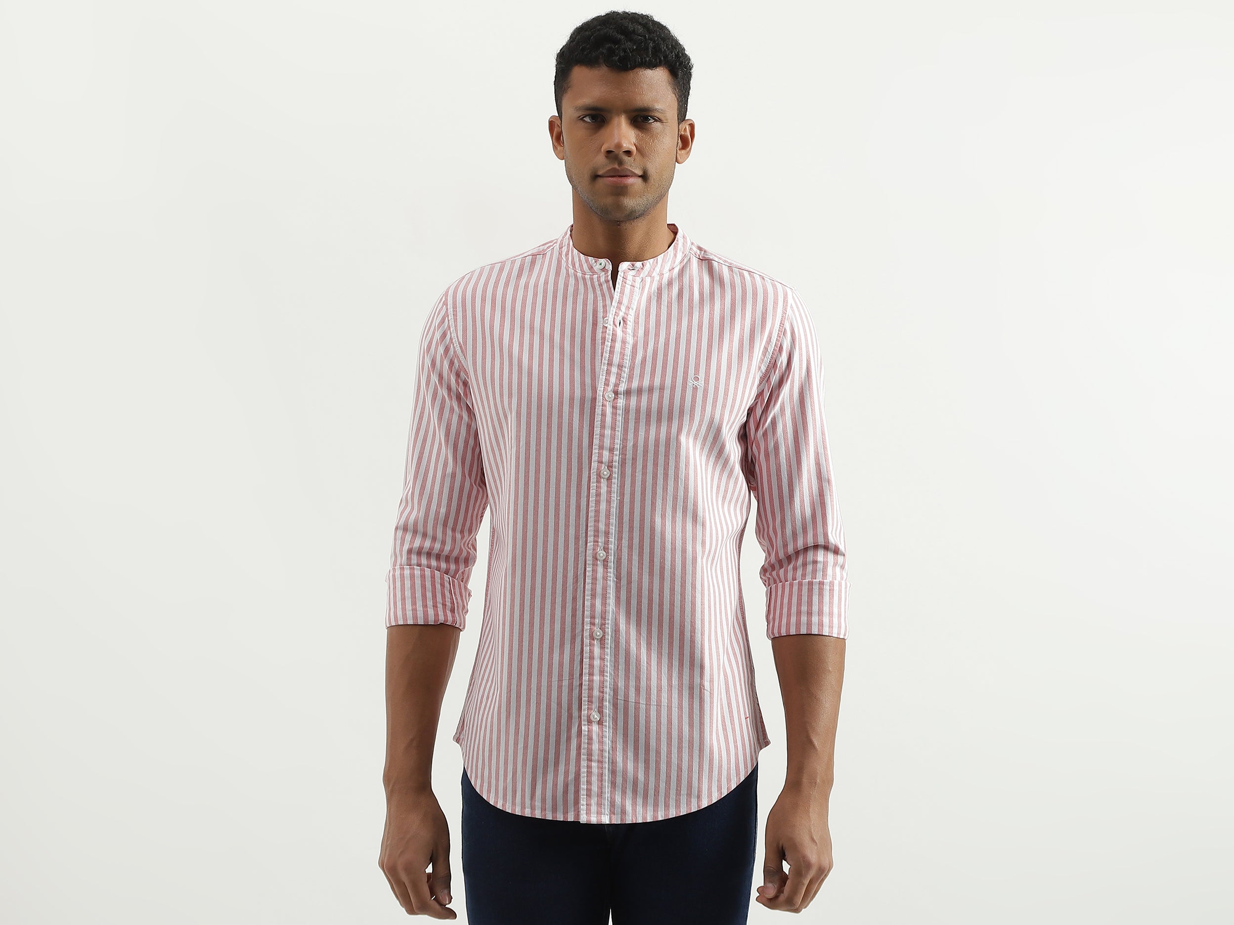 Slim Fit Mandarin Collar Striped Shirt