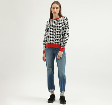 Women's Regular Fit Crew Neck Houndstooth Sweater