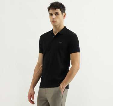 Faux Leather Patch Polo Collar T-Shirt