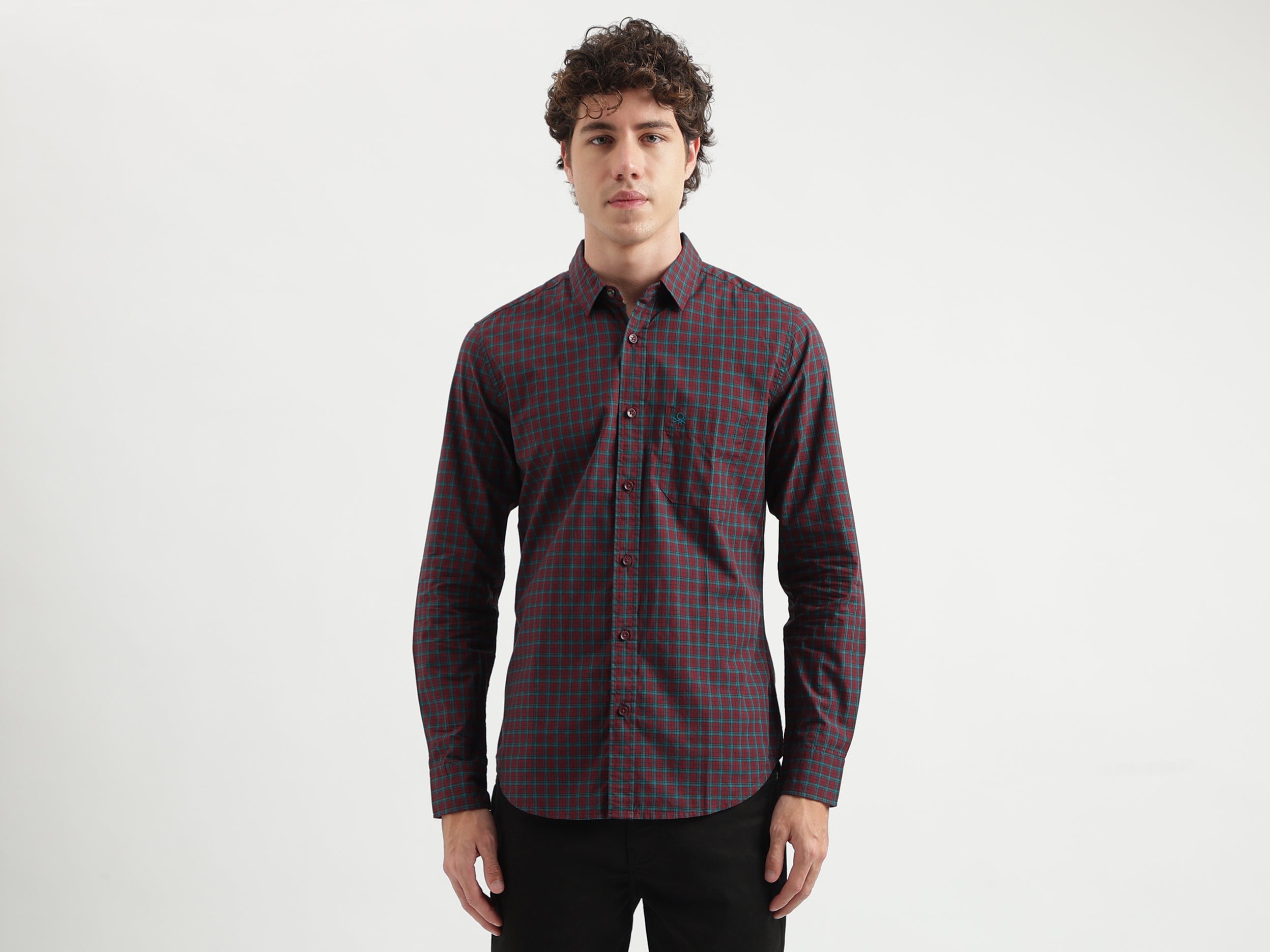 Slim Fit Spread Collar Checked Pattern Shirt