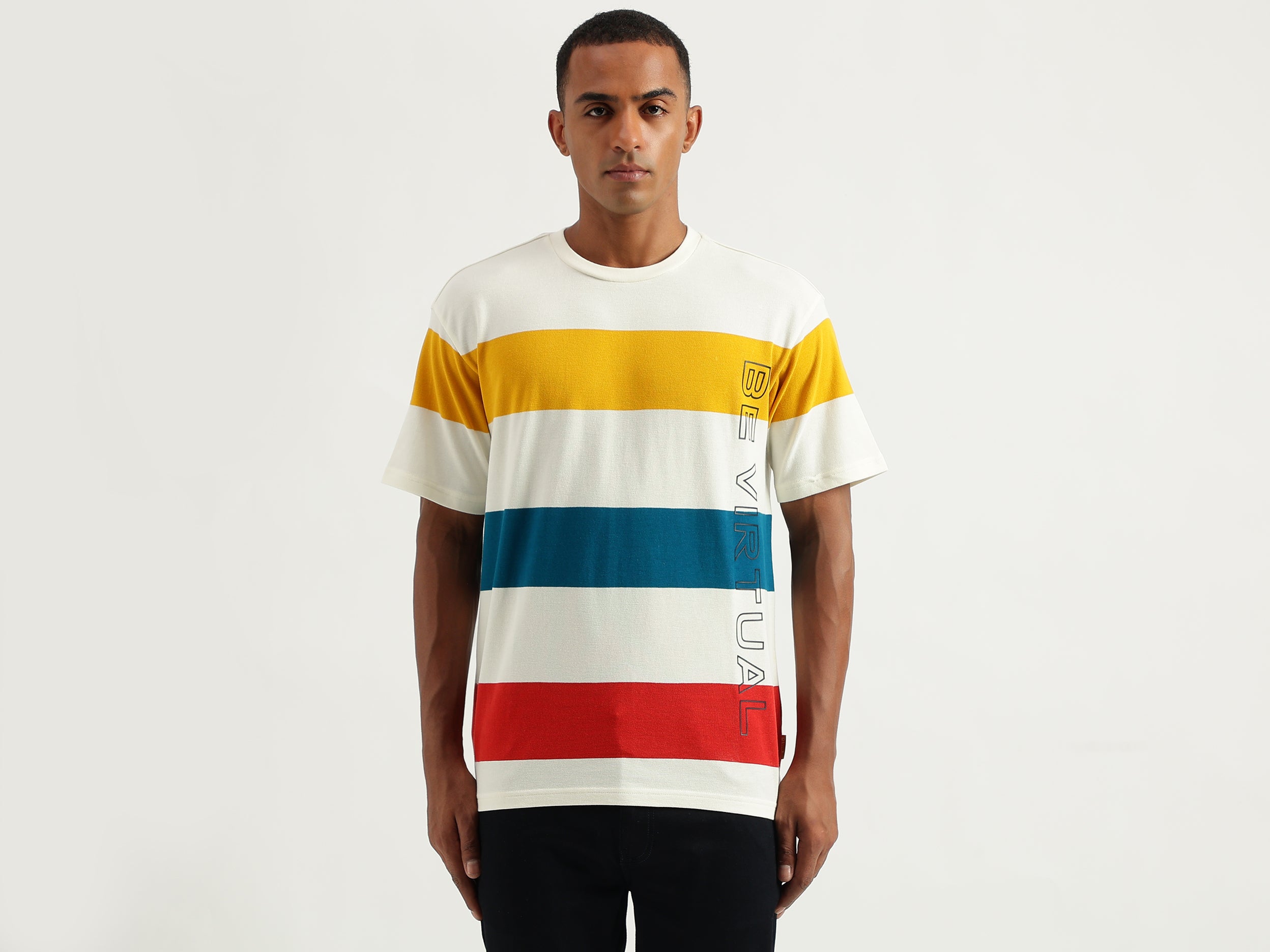 Men's Boxy Fit Crew Neck Striped Tshirts