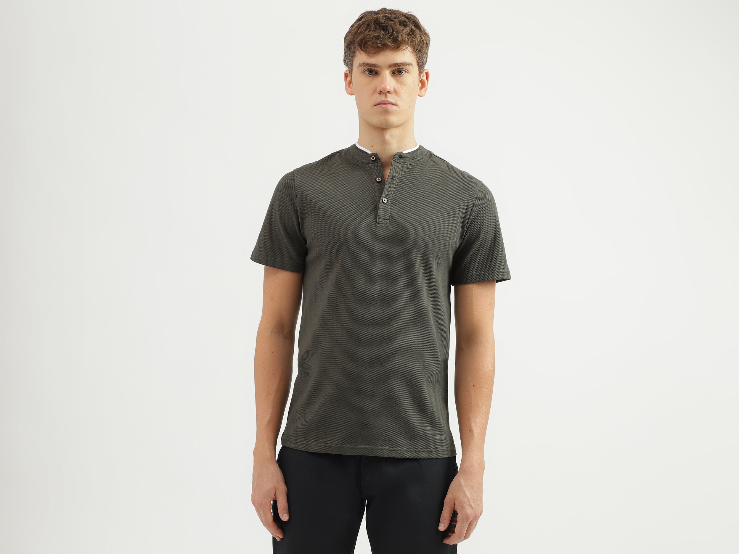 Men's Regular Fit Henley Neck Textured T-Shirt