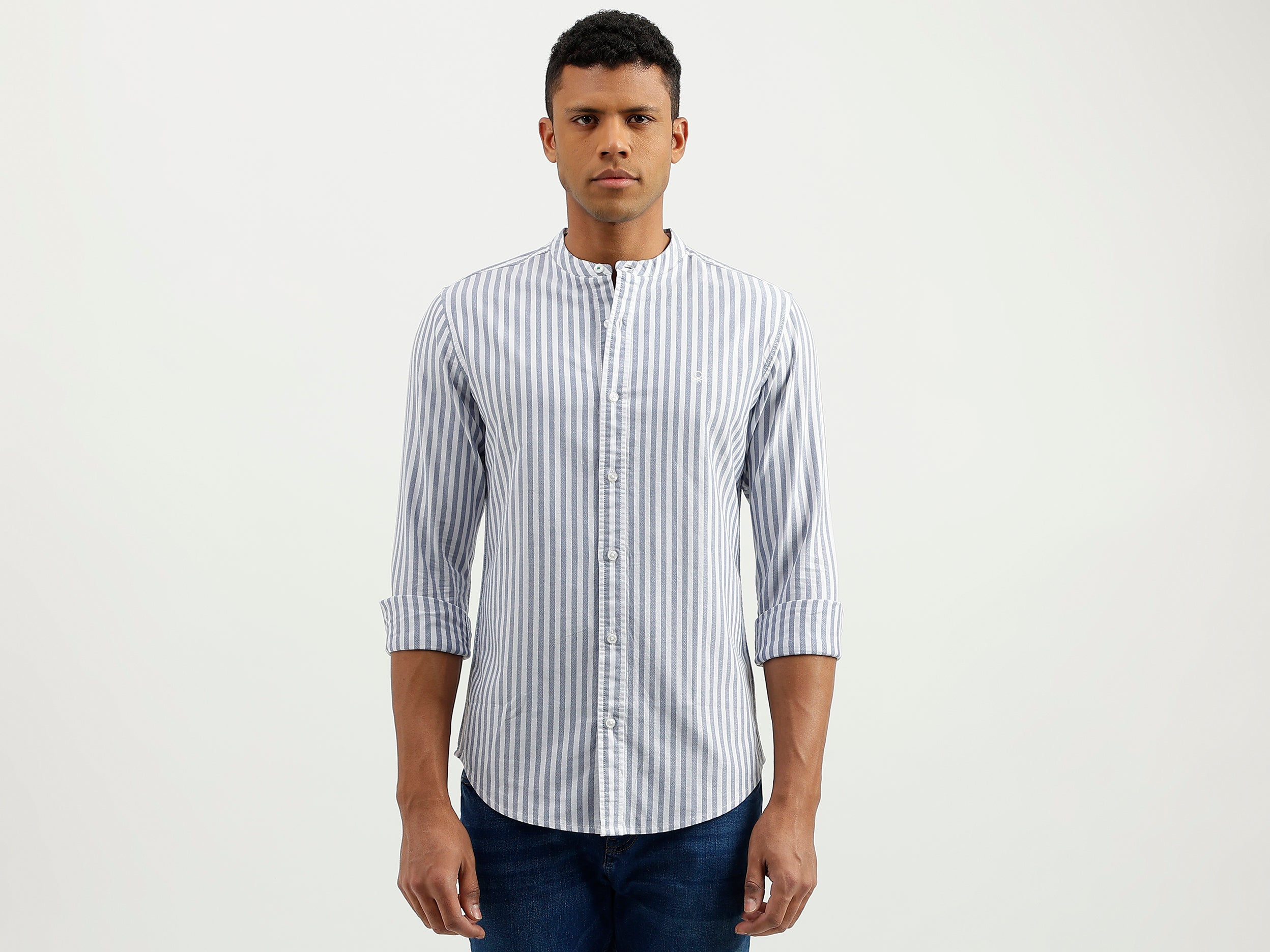 Slim Fit Mandarin Collar Striped Shirt