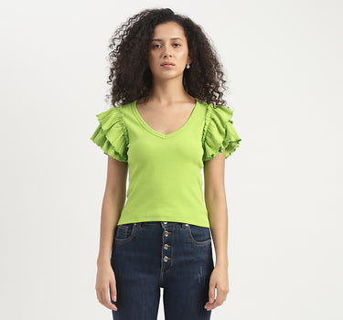 Slim Fit V-Neck Ruffle Sleeve Top