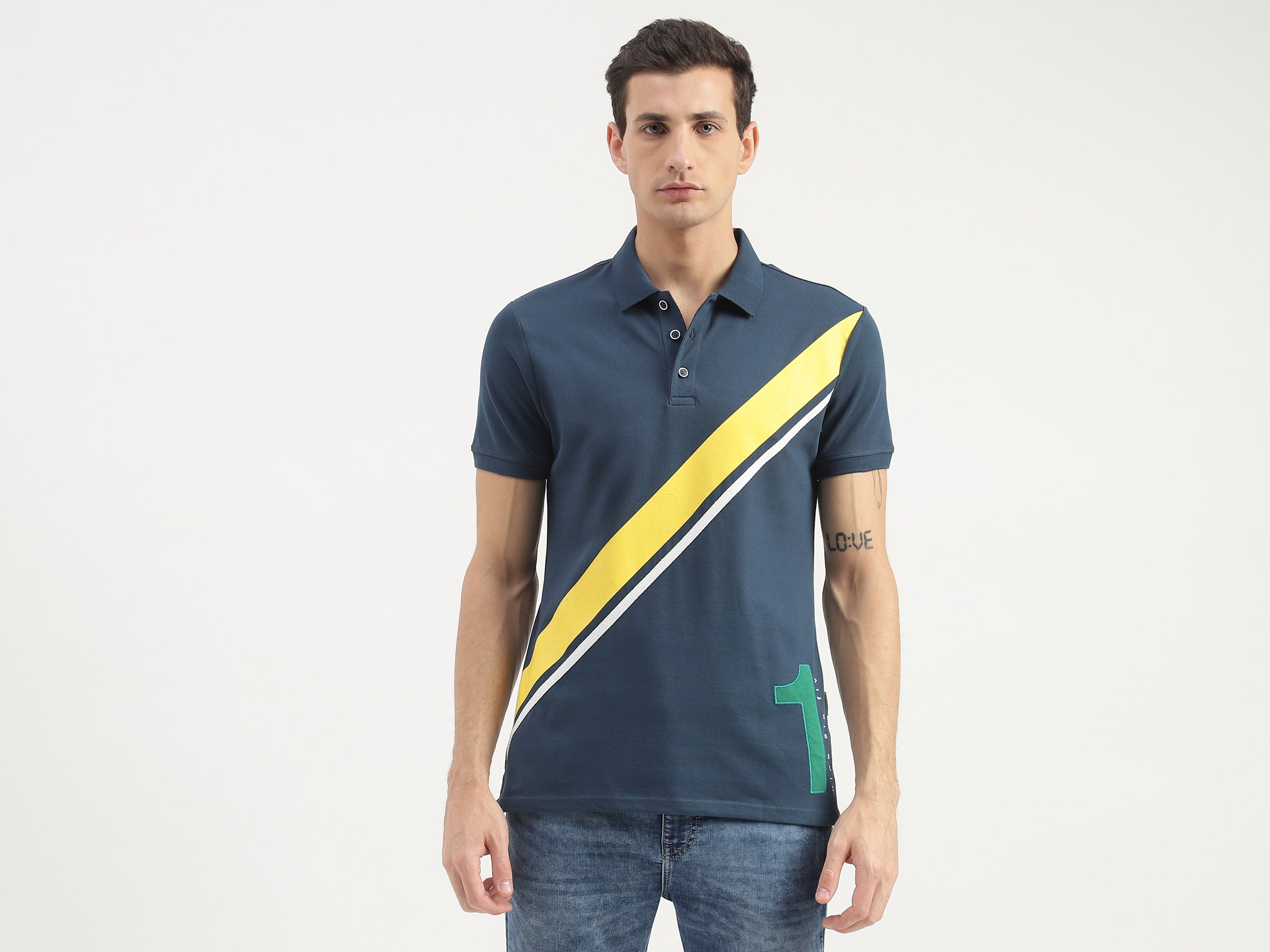 Diagonal Striped Detail Polo T-Shirt