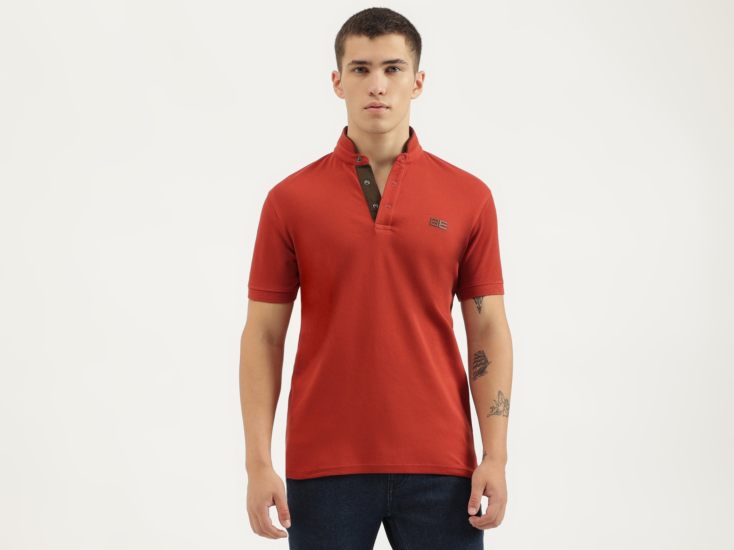 Regular Fit Stand Collar Solid T-shirts