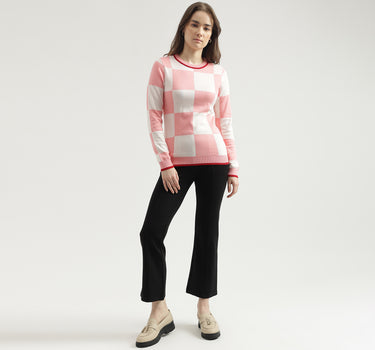 Women's Regular Fit Round Neck Checked Sweater