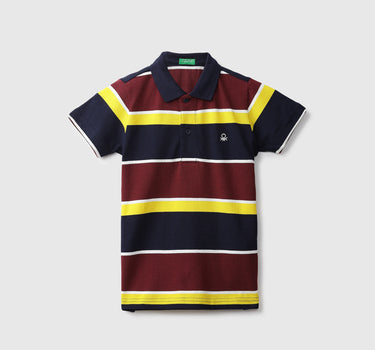 Maroon And Navy Blue Striped Polo T-Shirt