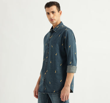 Men's Regular Fit Spread Collar Embroidery Shirts