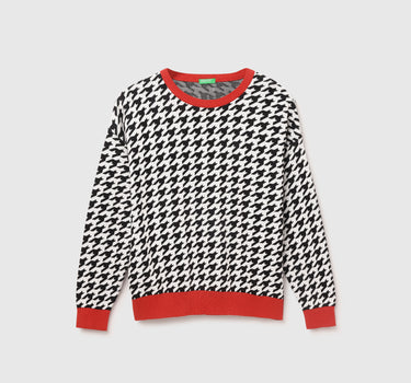 Women's Regular Fit Crew Neck Houndstooth Sweater