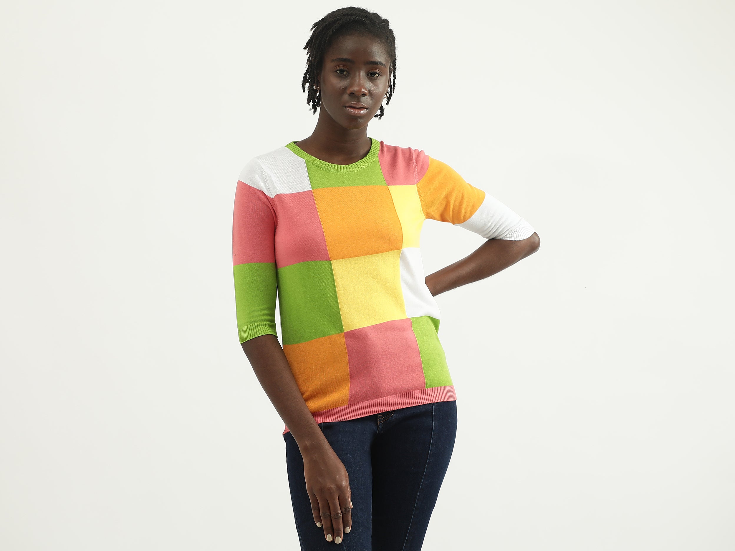 Women Color Blocked Round Neck Sweater