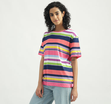 Cotton Striped Round Neck Women T-shirts