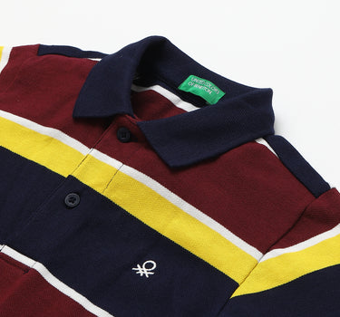 Maroon And Navy Blue Striped Polo T-Shirt