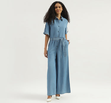 Solid Spread Collar  Jumpsuit