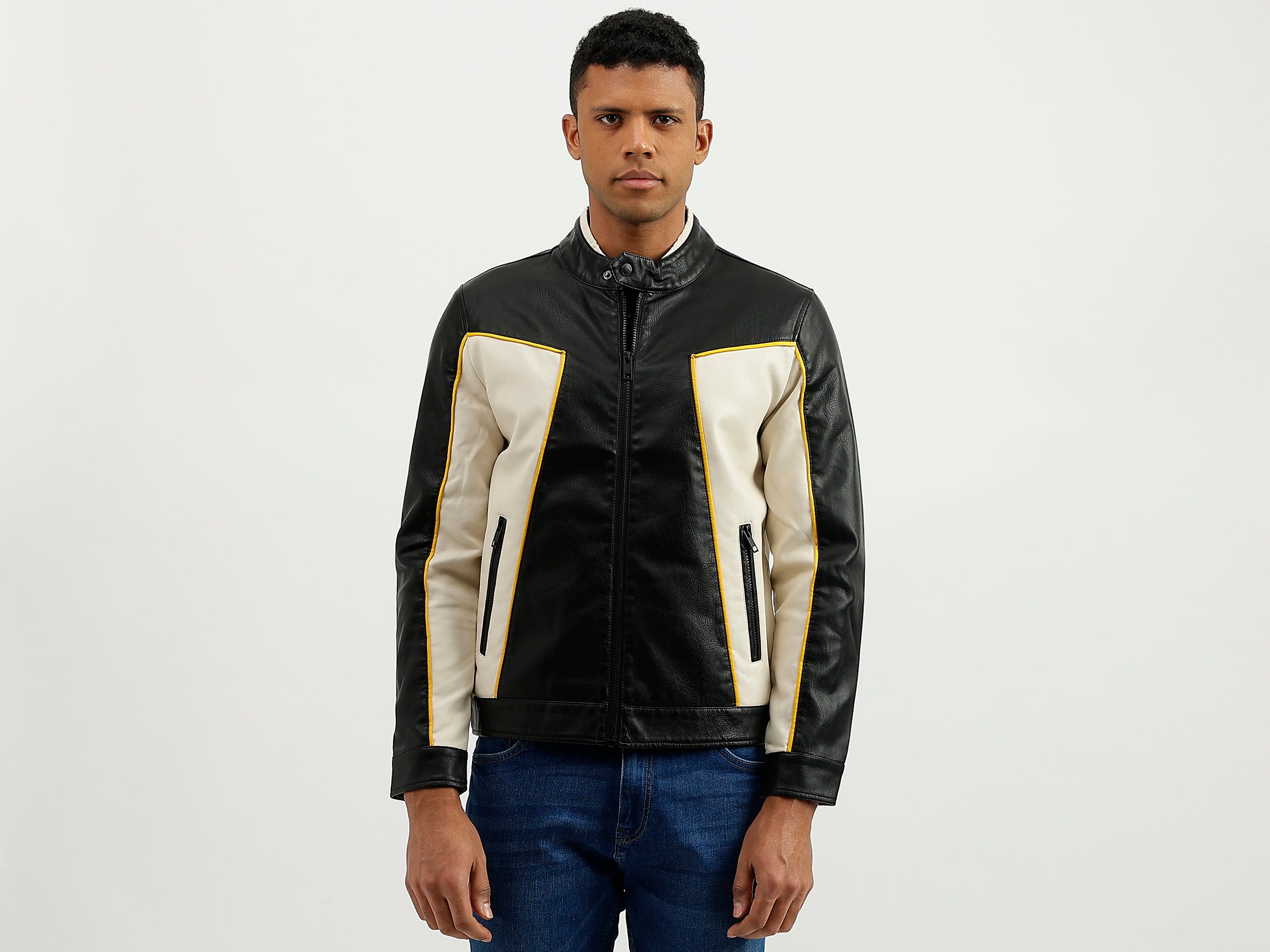 Regular Fit Band Neck Colourblocked Jacket